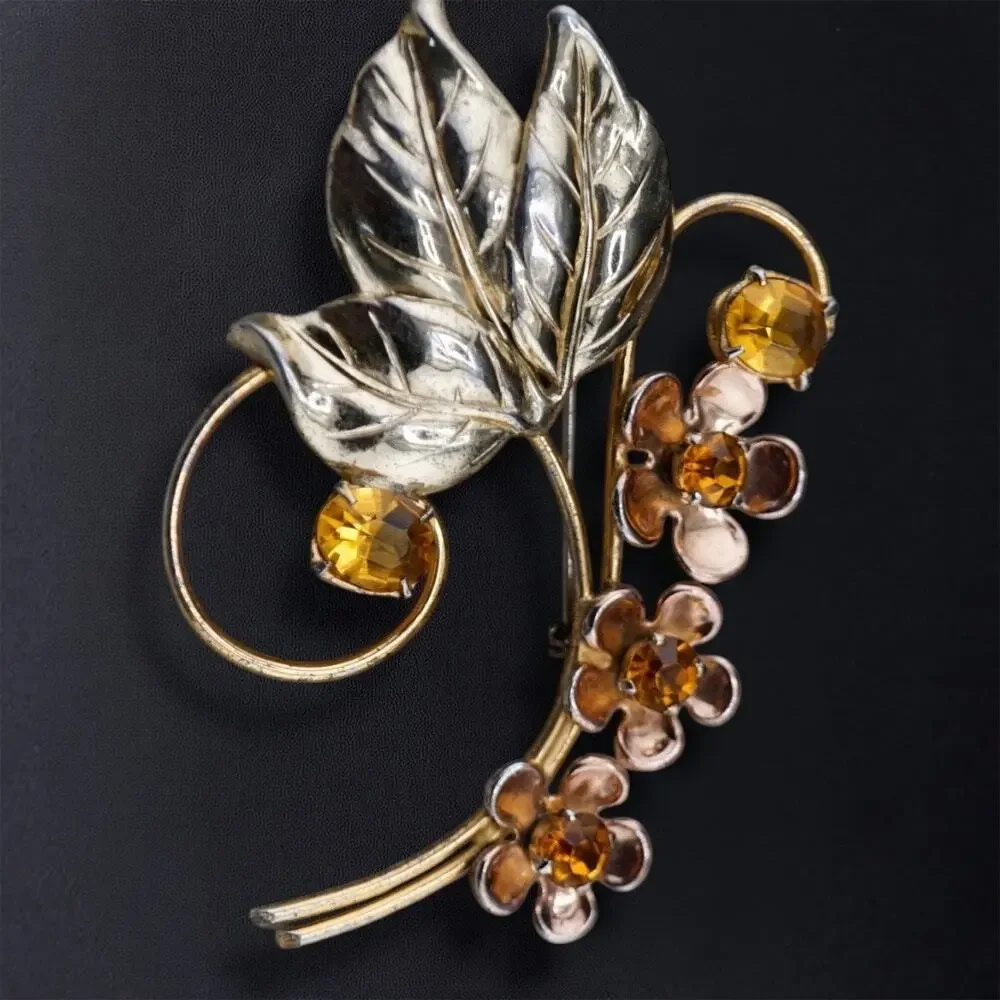 Vintage Sterling Silver Vermeil Flower Floral Spray Brooch Rhinestone Pin‎ 3
